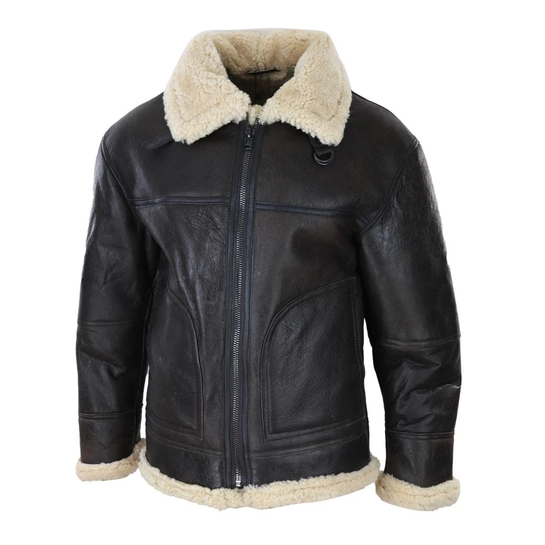 Mens Brown Real Sheepskin Flying Jacket Zipped Cream Fur Classic WW2 Pilot Military - Knighthood Store