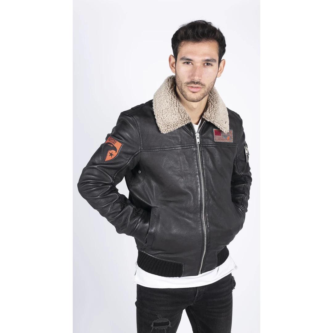 Mens Real Leather Pilot Bomber Jacket Air Force Aviator Falcon Badge Fur Collar - Knighthood Store