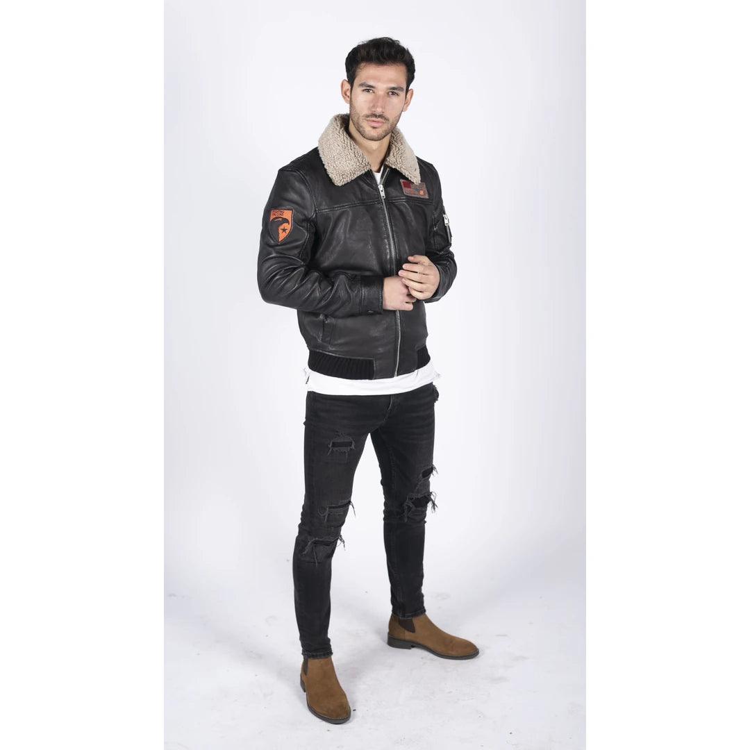 Mens Real Leather Pilot Bomber Jacket Air Force Aviator Falcon Badge Fur Collar - Knighthood Store