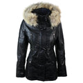 Ladies Real Leather Black Trench Mid Length Hooded Winter Retro Duffle Jacket - Knighthood Store