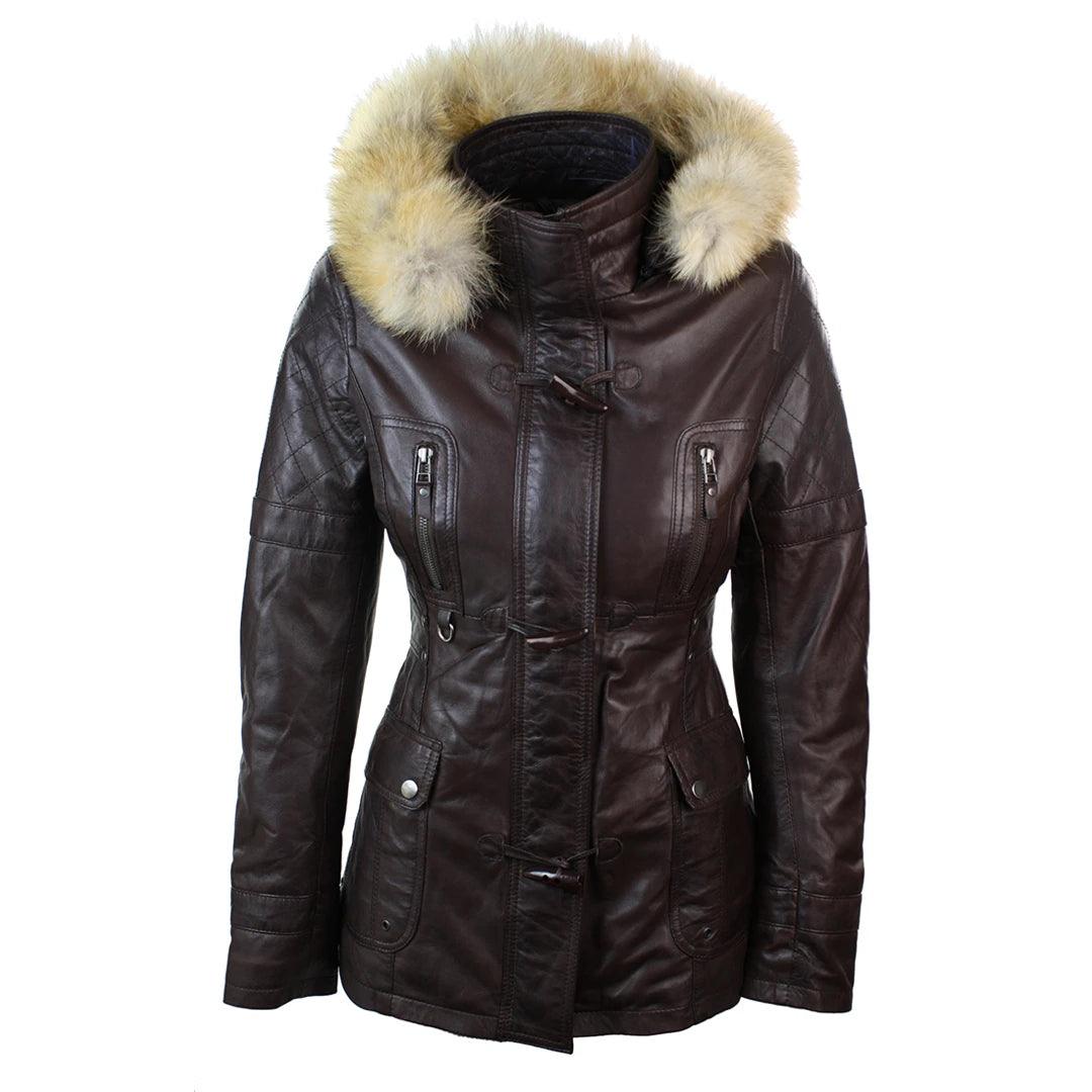 Ladies Real Leather Black Trench Mid Length Hooded Winter Retro Duffle Jacket - Knighthood Store