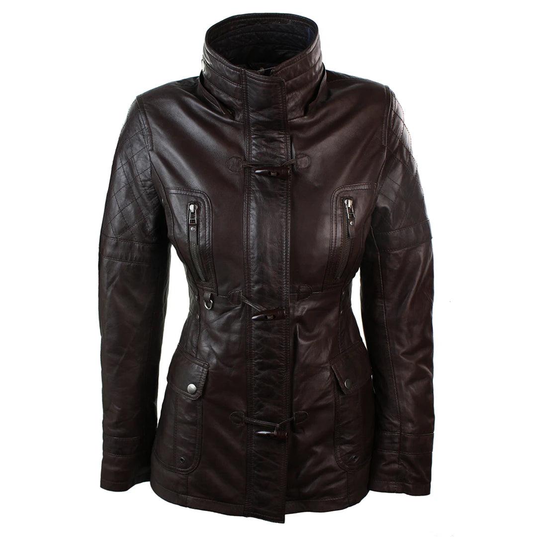 Ladies Real Leather Black Trench Mid Length Hooded Winter Retro Duffle Jacket - Knighthood Store