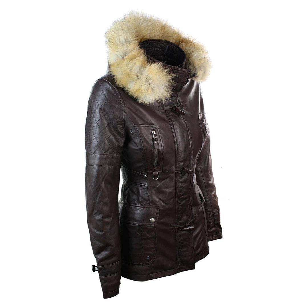 Ladies Real Leather Black Trench Mid Length Hooded Winter Retro Duffle Jacket - Knighthood Store