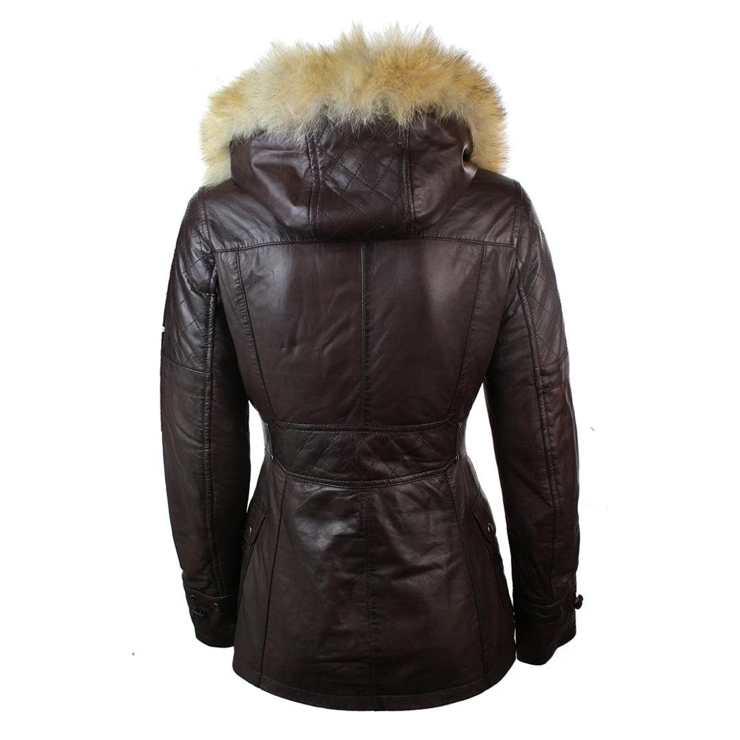 Ladies Real Leather Black Trench Mid Length Hooded Winter Retro Duffle Jacket - Knighthood Store