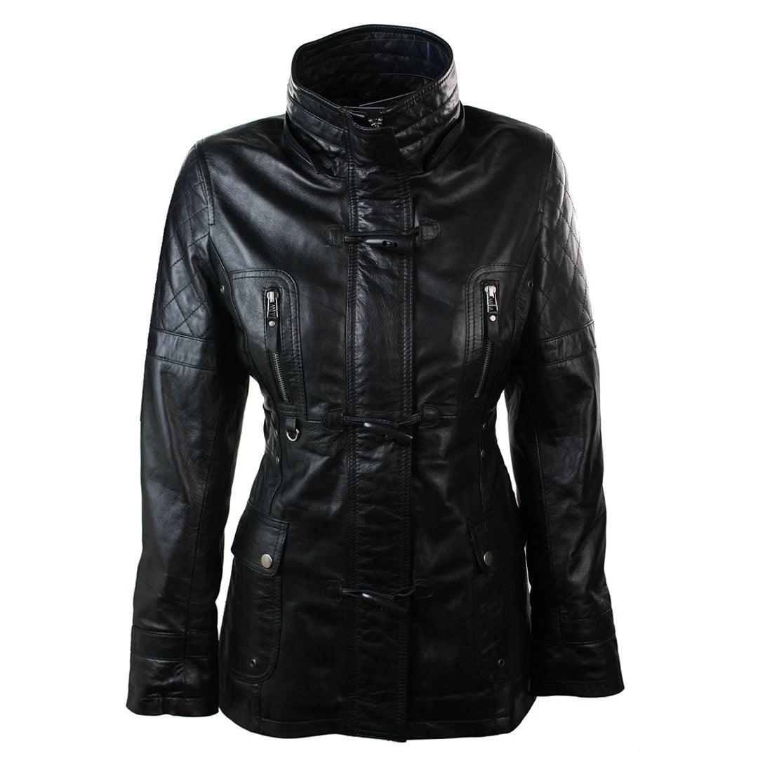 Ladies Real Leather Black Trench Mid Length Hooded Winter Retro Duffle Jacket - Knighthood Store