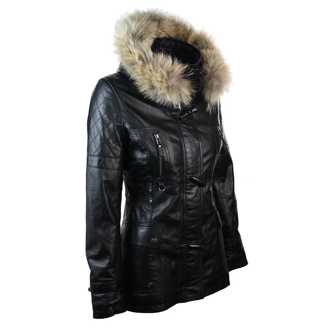 Ladies Real Leather Black Trench Mid Length Hooded Winter Retro Duffle Jacket - Knighthood Store