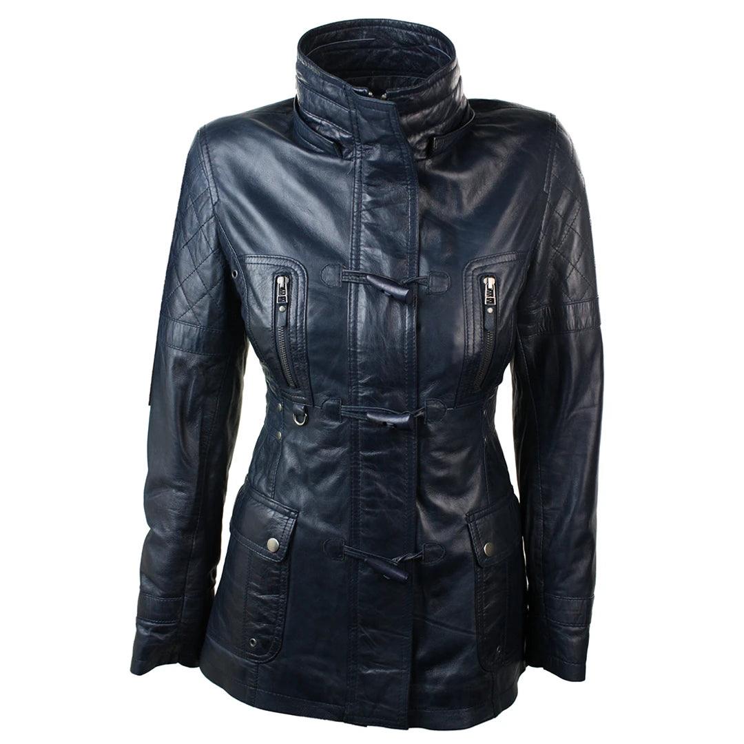 Ladies Real Leather Black Trench Mid Length Hooded Winter Retro Duffle Jacket - Knighthood Store