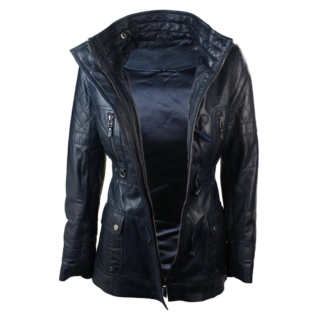 Ladies Real Leather Black Trench Mid Length Hooded Winter Retro Duffle Jacket - Knighthood Store