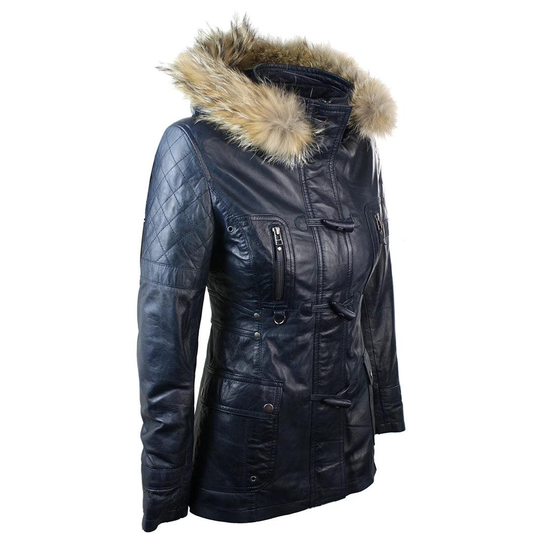 Ladies Real Leather Black Trench Mid Length Hooded Winter Retro Duffle Jacket - Knighthood Store