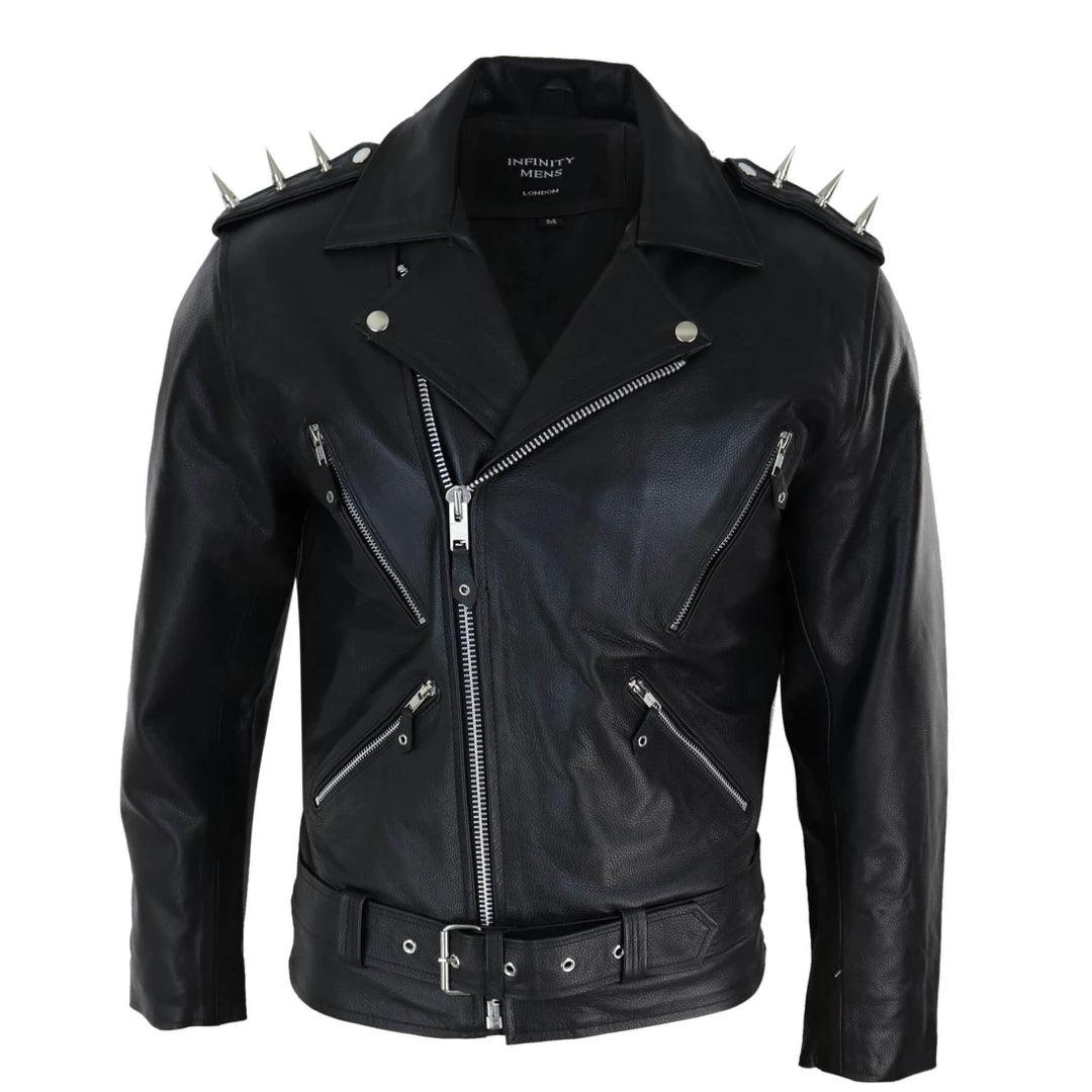 Mens Spike Hide Original Cross Zip Brando Biker Motorcycle Real Leather Jacket - Knighthood Store