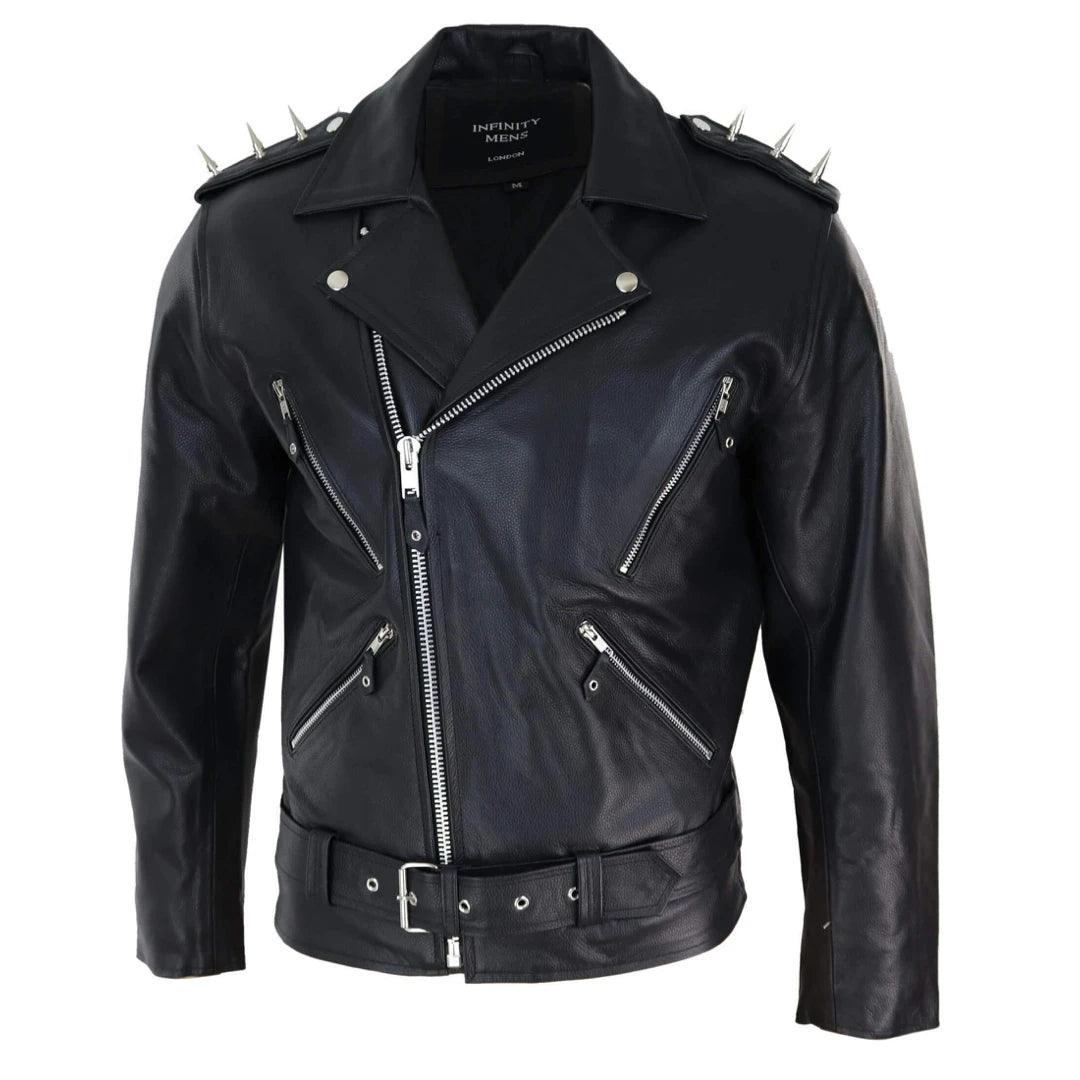 Mens Spike Hide Original Cross Zip Brando Biker Motorcycle Real Leather Jacket - Knighthood Store