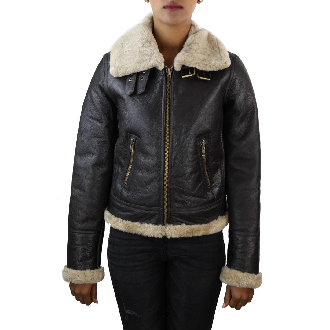 Ladies Real SHEEPSKIN Leather Coat Brown Beige FUR Womens Flying Jacket - Knighthood Store