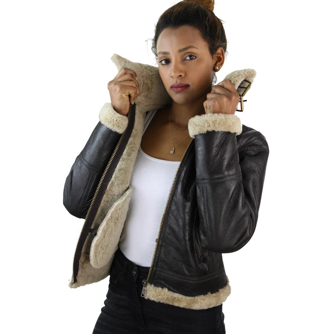 Ladies Real SHEEPSKIN Leather Coat Brown Beige FUR Womens Flying Jacket - Knighthood Store