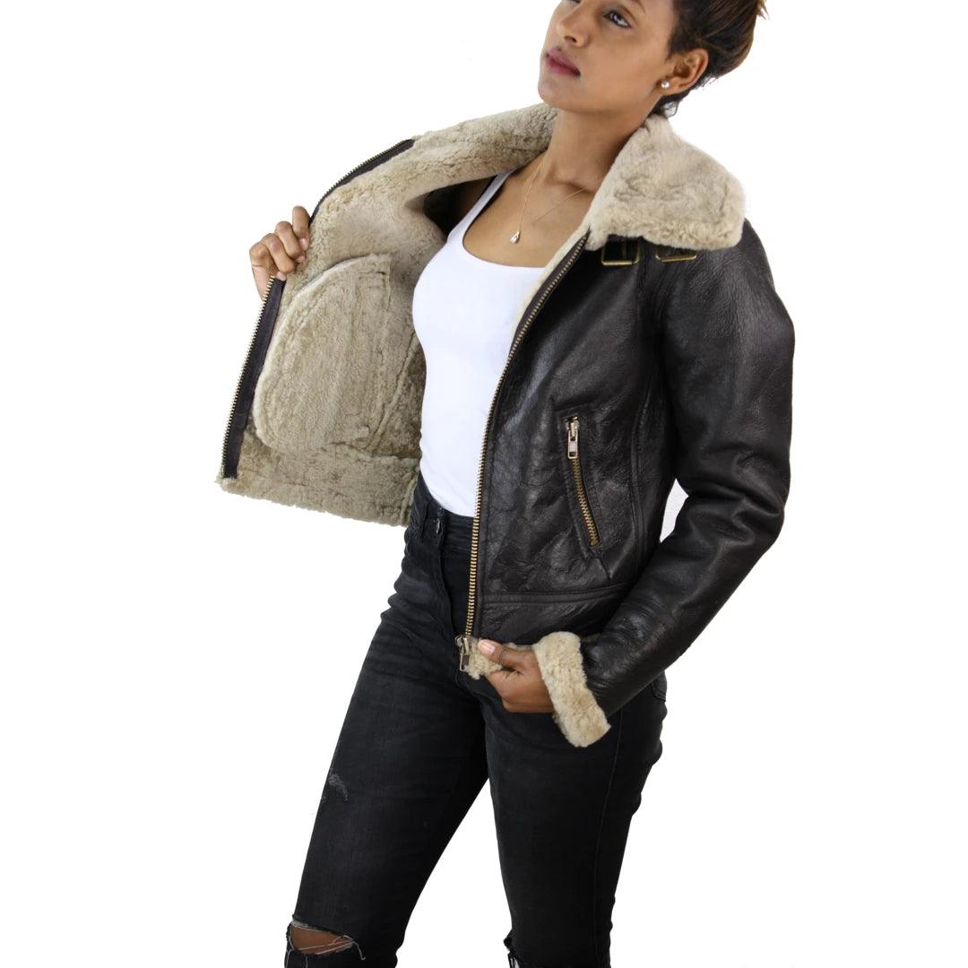 Ladies Real SHEEPSKIN Leather Coat Brown Beige FUR Womens Flying Jacket - Knighthood Store