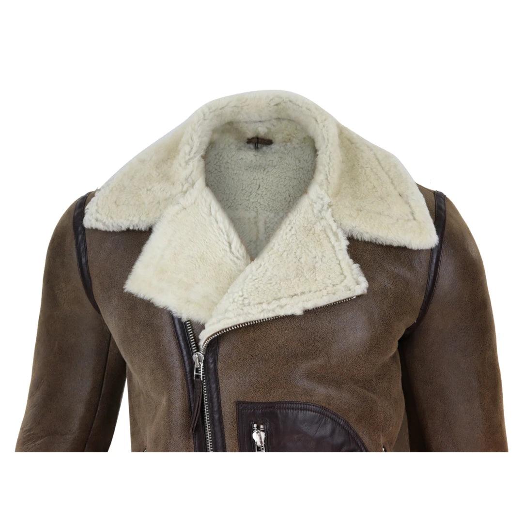 Mens Vintage Real Sheepskin Cross Zip Flying Jacket Pilot Flight Belt Fit Brando - Knighthood Store