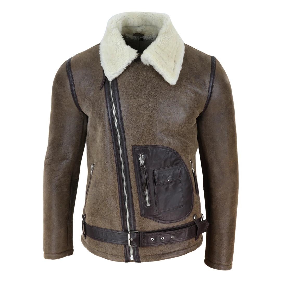 Mens Vintage Real Sheepskin Cross Zip Flying Jacket Pilot Flight Belt Fit Brando - Knighthood Store