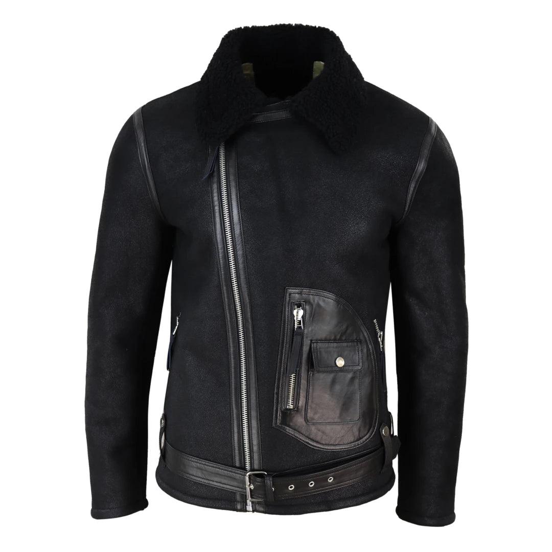Mens Vintage Real Sheepskin Cross Zip Flying Jacket Pilot Flight Belt Fit Brando - Knighthood Store