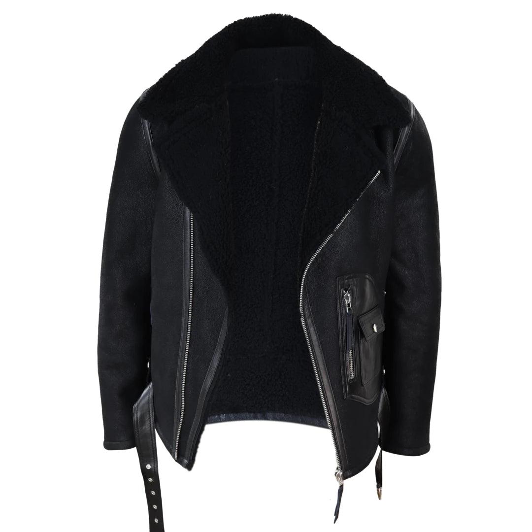 Mens Vintage Real Sheepskin Cross Zip Flying Jacket Pilot Flight Belt Fit Brando - Knighthood Store