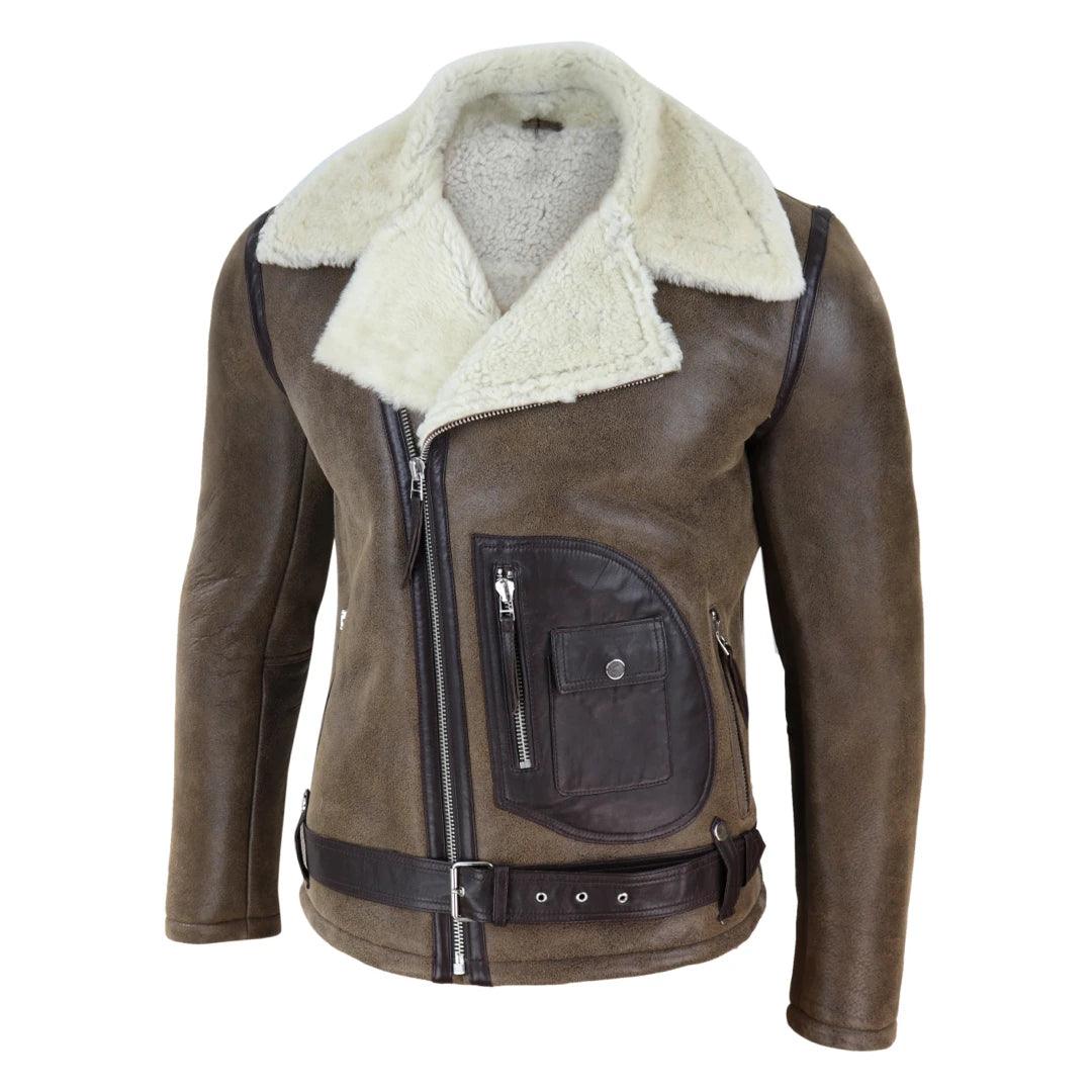 Mens Vintage Real Sheepskin Cross Zip Flying Jacket Pilot Flight Belt Fit Brando - Knighthood Store