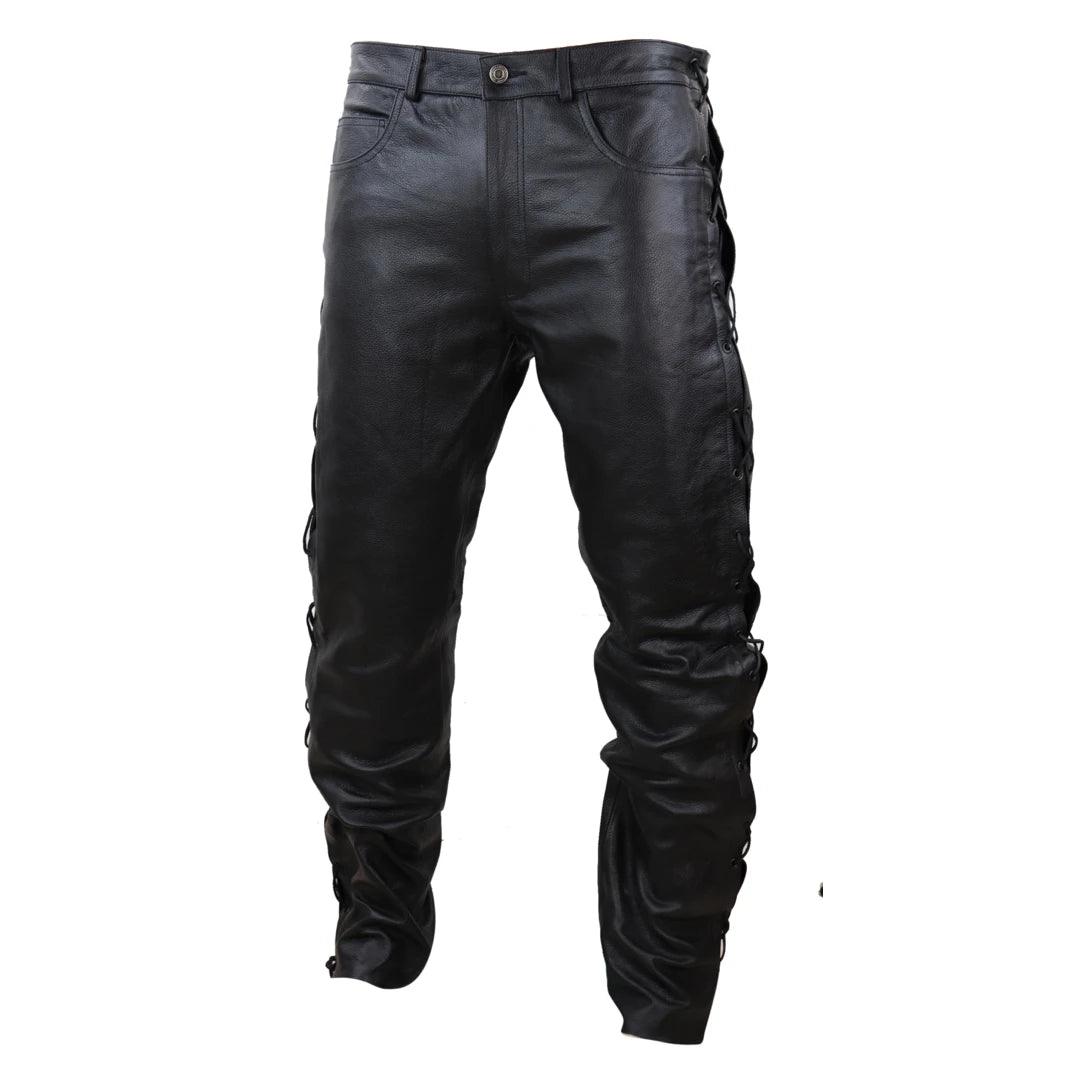 Mens Real Leather Biker Jeans Laced Tassel Western Cowboy Riding Pants Trousers - Knighthood Store