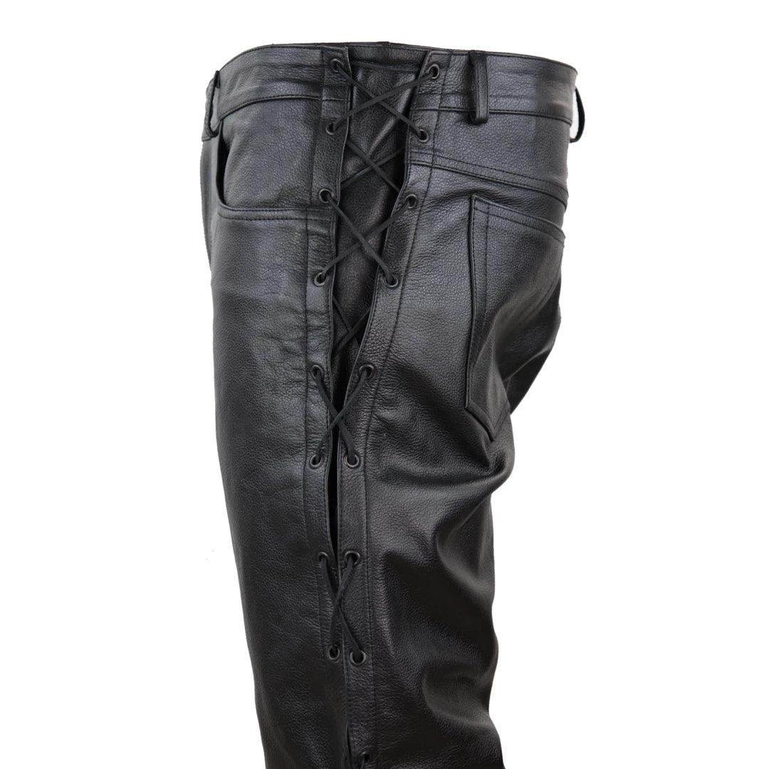Mens Real Leather Biker Jeans Laced Tassel Western Cowboy Riding Pants Trousers - Knighthood Store