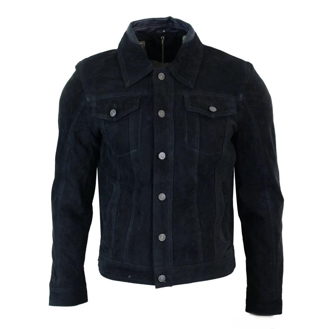 Mens Vintage Short Denim Style Retro Real Suede Leather Jean Jacket Casual - Knighthood Store