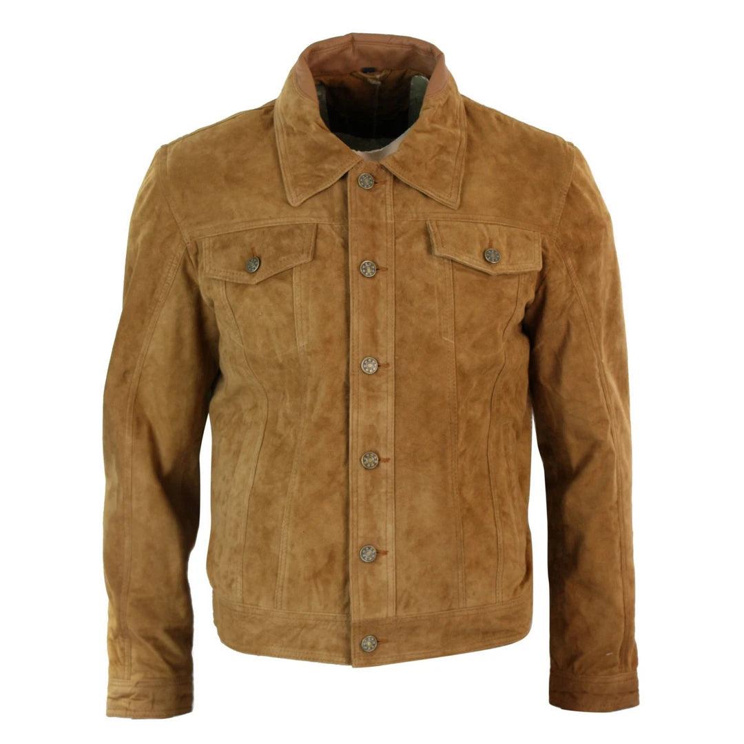 Mens Vintage Short Denim Style Retro Real Suede Leather Jean Jacket Casual - Knighthood Store