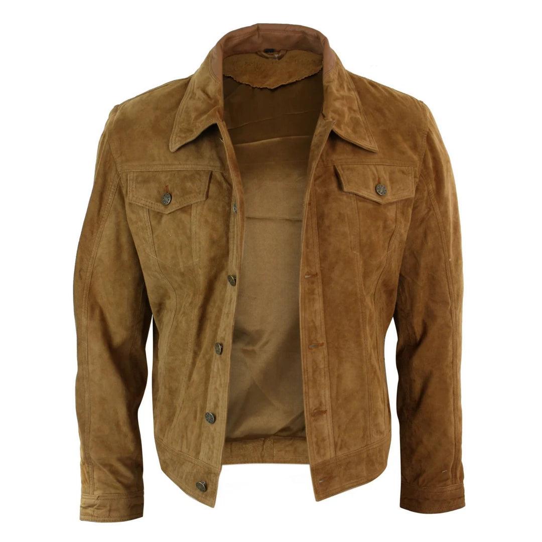 Mens Vintage Short Denim Style Retro Real Suede Leather Jean Jacket Casual - Knighthood Store