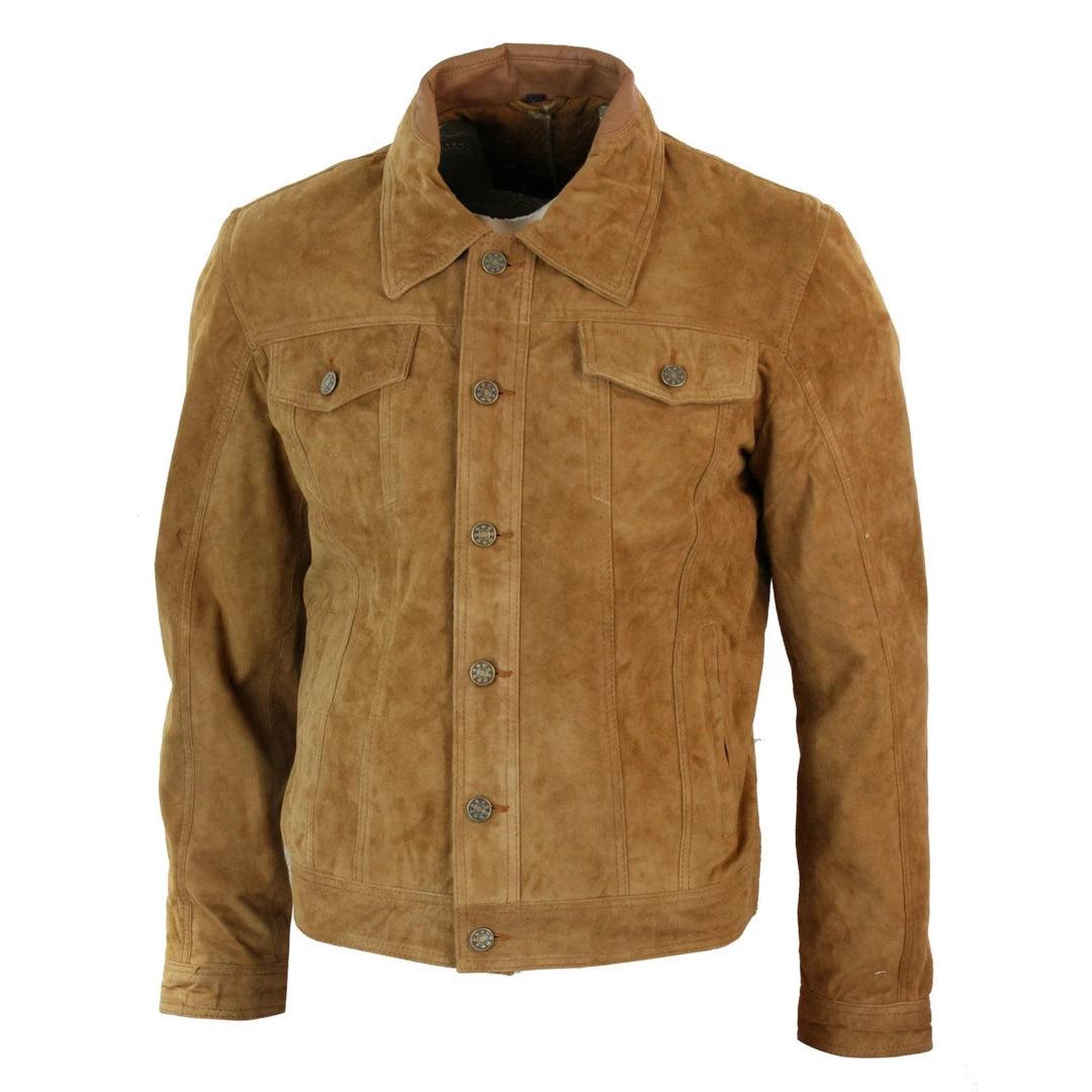 Mens Vintage Short Denim Style Retro Real Suede Leather Jean Jacket Casual - Knighthood Store