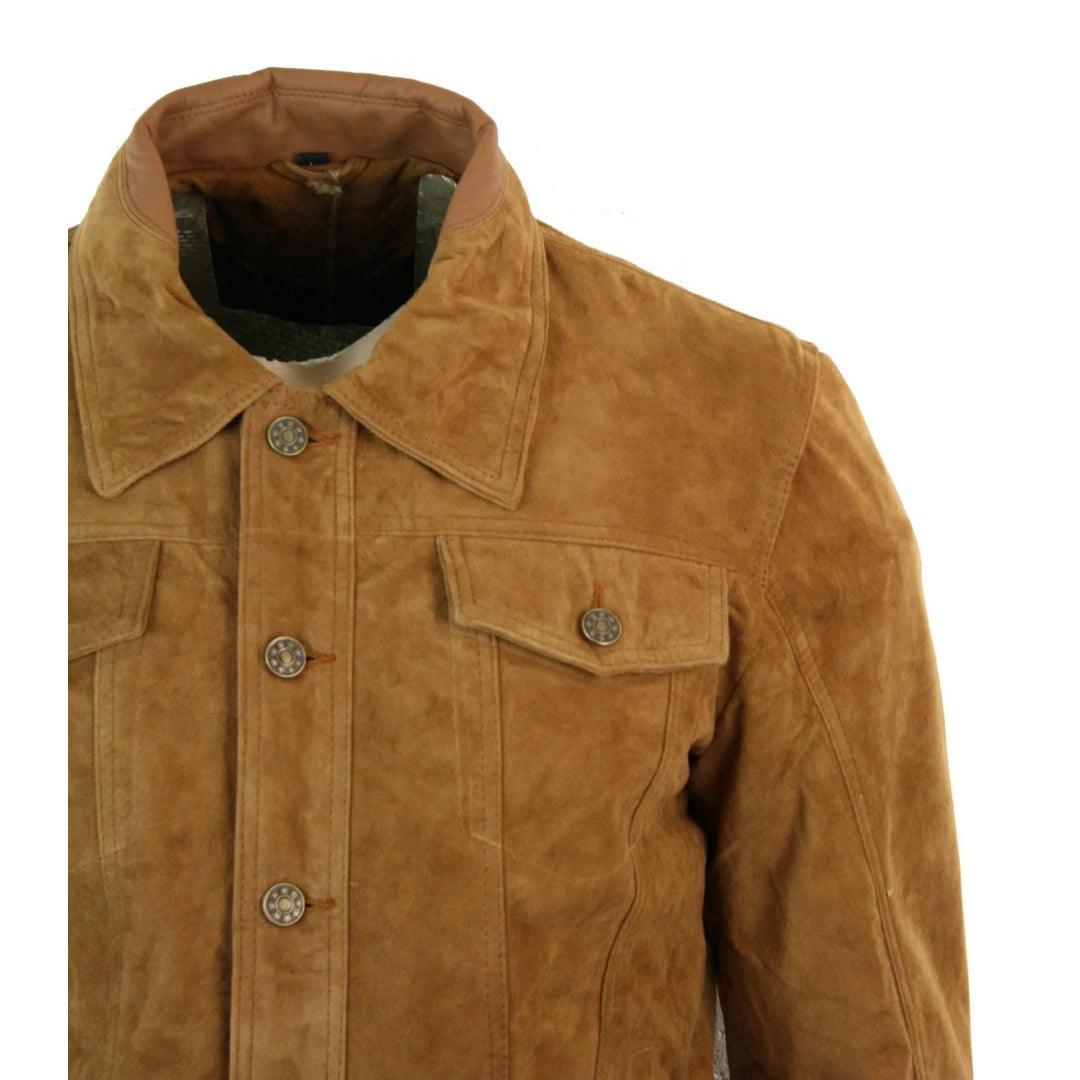 Mens Vintage Short Denim Style Retro Real Suede Leather Jean Jacket Casual - Knighthood Store