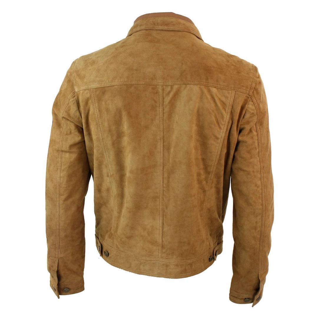 Mens Vintage Short Denim Style Retro Real Suede Leather Jean Jacket Casual - Knighthood Store