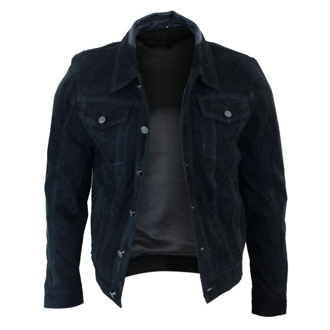 Mens Vintage Short Denim Style Retro Real Suede Leather Jean Jacket Casual - Knighthood Store