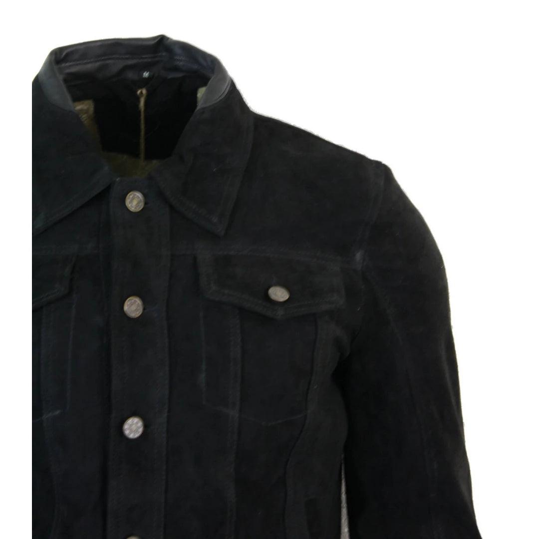 Mens Vintage Short Denim Style Retro Real Suede Leather Jean Jacket Casual - Knighthood Store