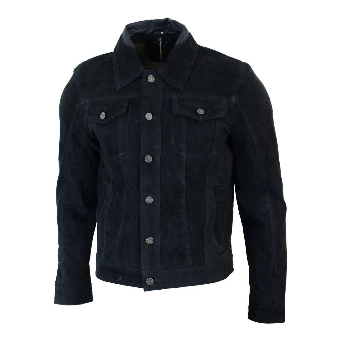 Mens Vintage Short Denim Style Retro Real Suede Leather Jean Jacket Casual - Knighthood Store
