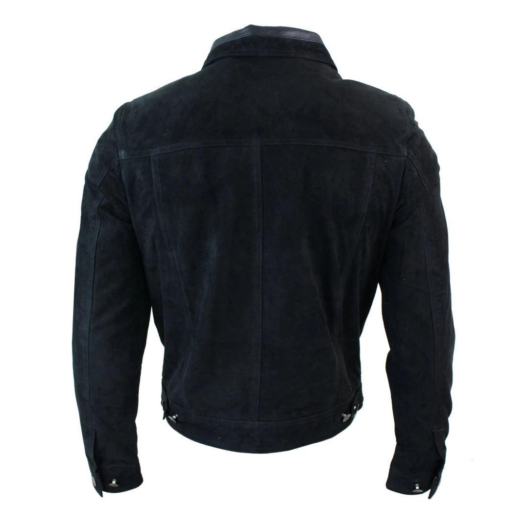 Mens Vintage Short Denim Style Retro Real Suede Leather Jean Jacket Casual - Knighthood Store