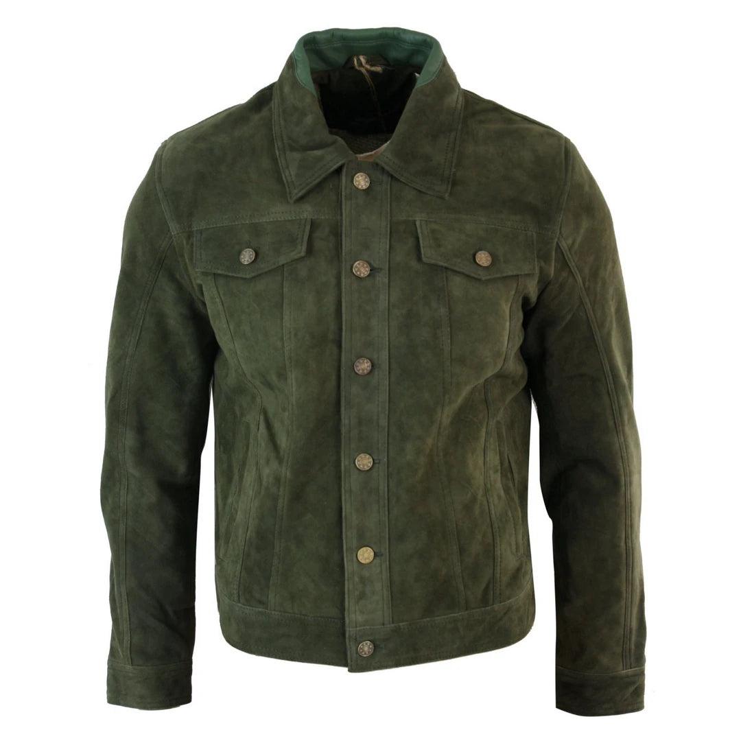 Mens Vintage Short Denim Style Retro Real Suede Leather Jean Jacket Casual - Knighthood Store