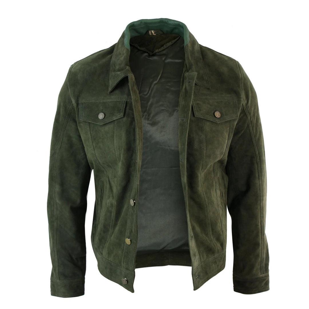 Mens Vintage Short Denim Style Retro Real Suede Leather Jean Jacket Casual - Knighthood Store