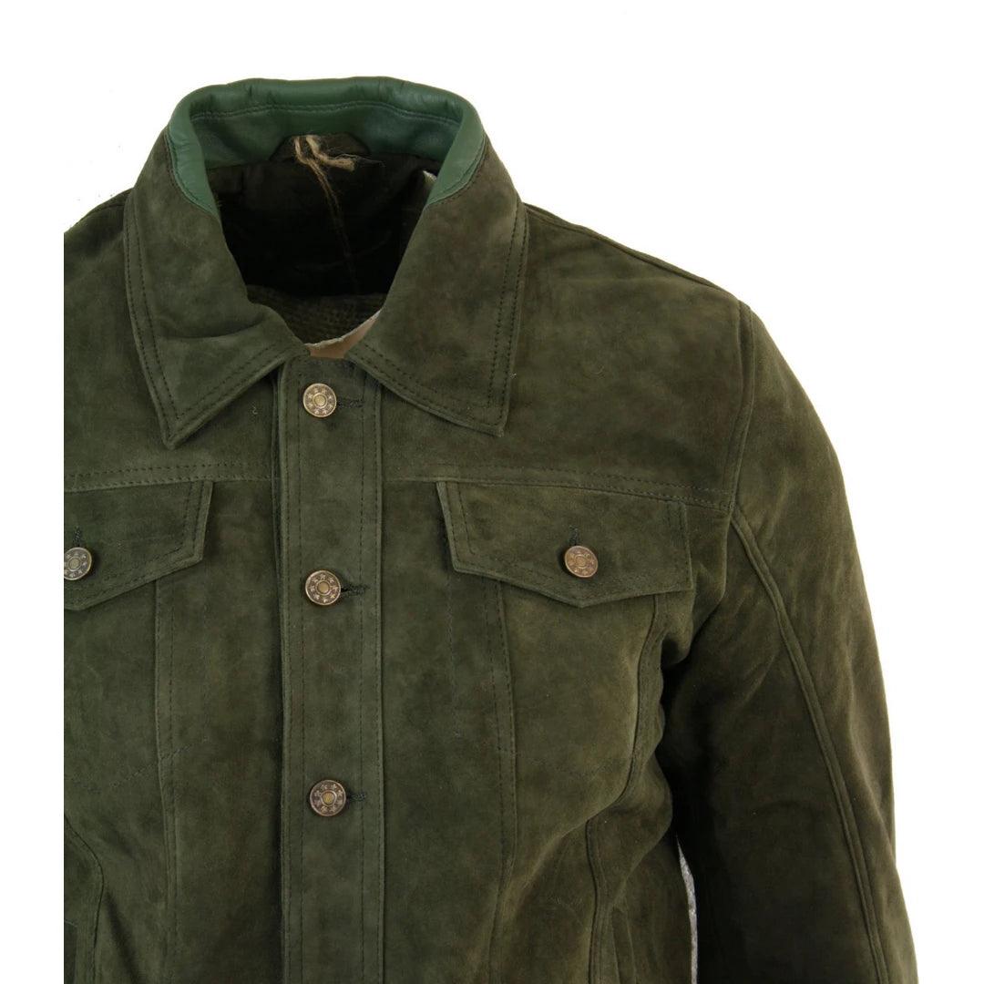 Mens Vintage Short Denim Style Retro Real Suede Leather Jean Jacket Casual - Knighthood Store