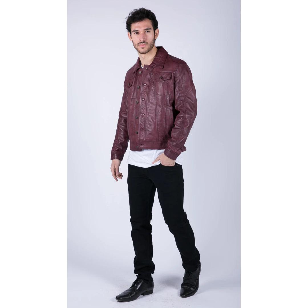 Mens Real Leather Shirt Jacket Burgundy Wine Retro Jeans Style Brando Classic - Knighthood Store