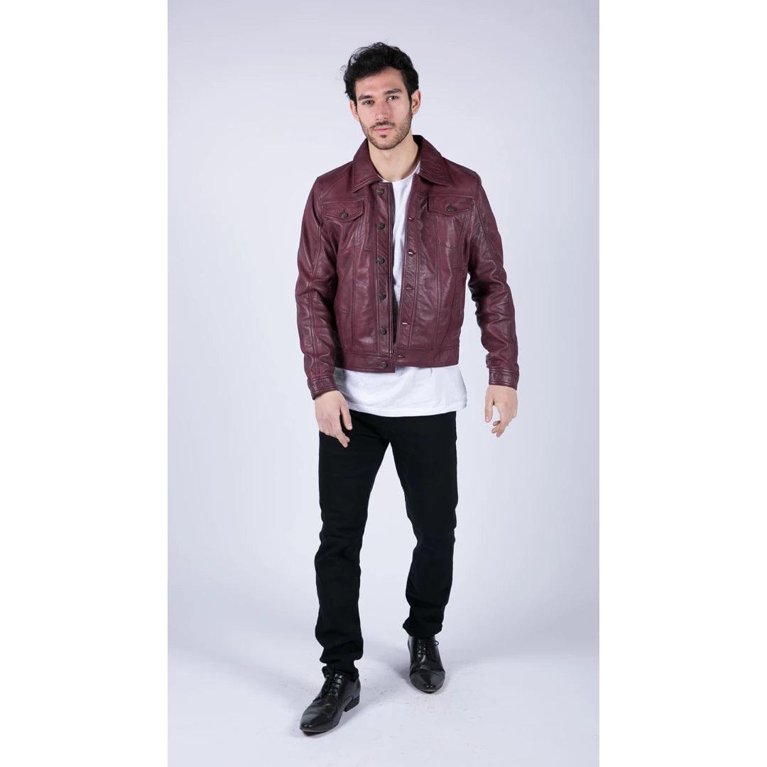 Mens Real Leather Shirt Jacket Burgundy Wine Retro Jeans Style Brando Classic - Knighthood Store