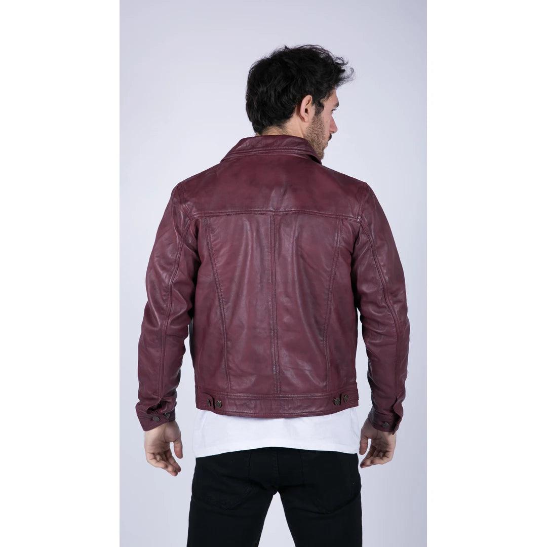 Mens Real Leather Shirt Jacket Burgundy Wine Retro Jeans Style Brando Classic - Knighthood Store