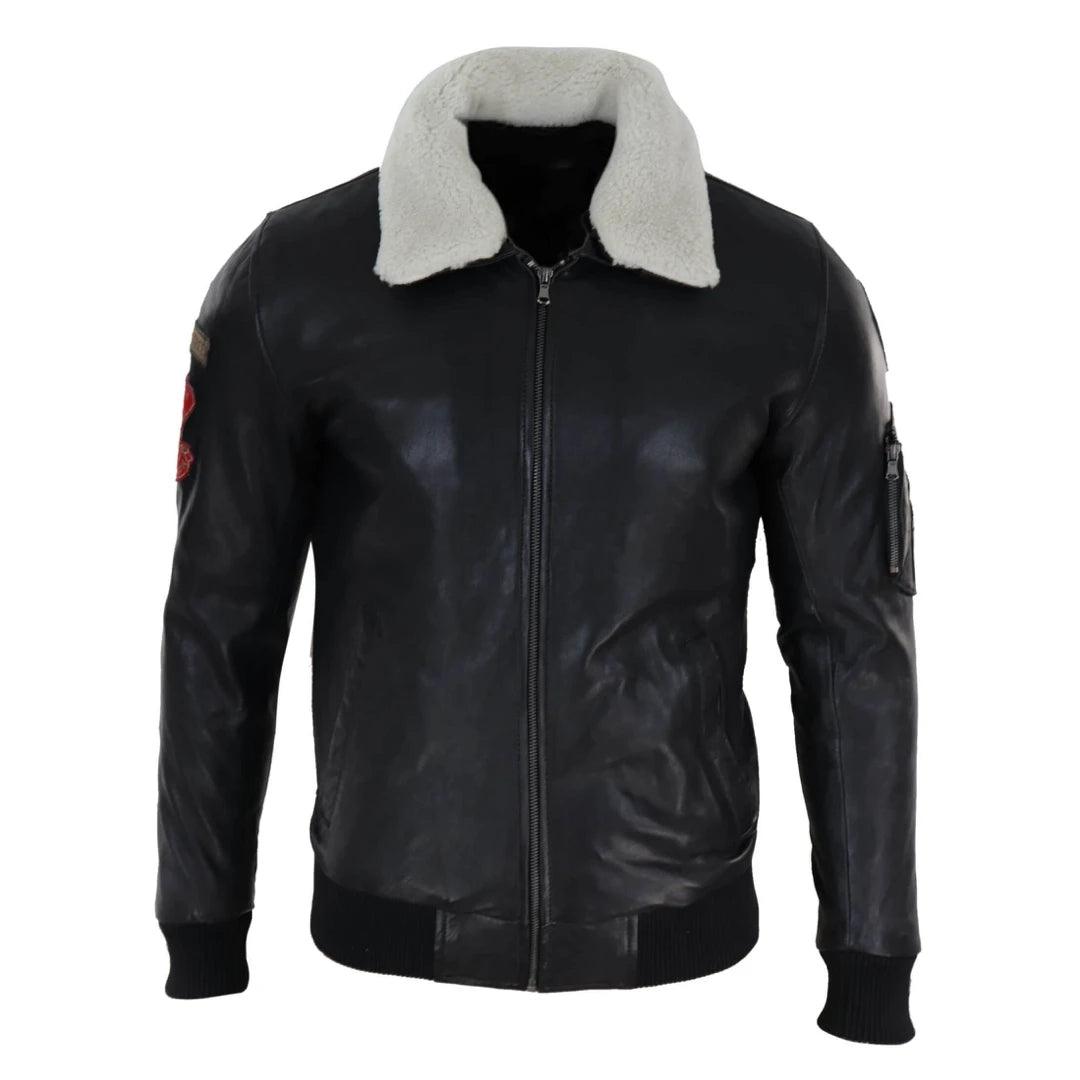 Mens Black Real Leather Pilot Jacket Bomber Air Force Aviator White Fur Collar - Knighthood Store