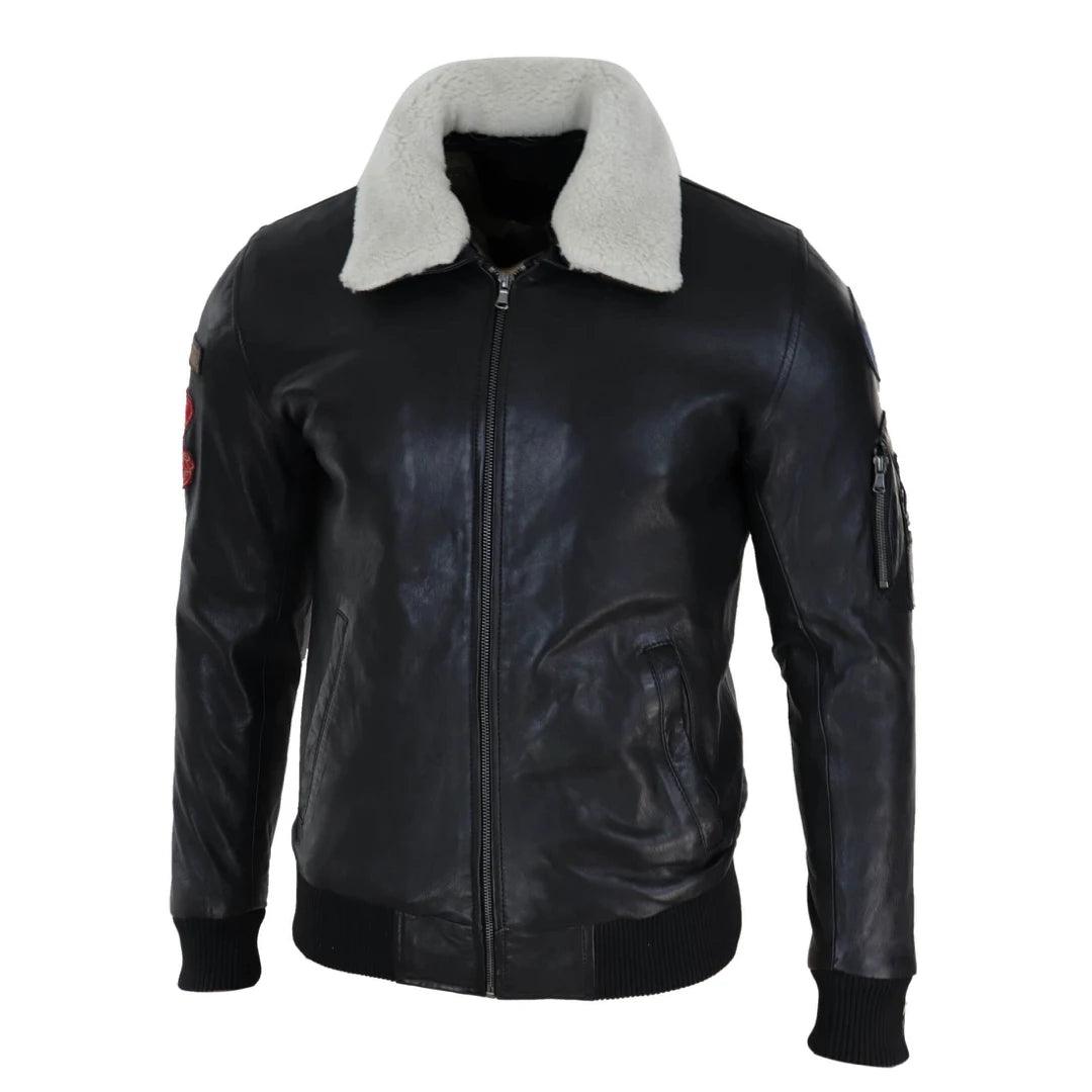 Mens Black Real Leather Pilot Jacket Bomber Air Force Aviator White Fur Collar - Knighthood Store