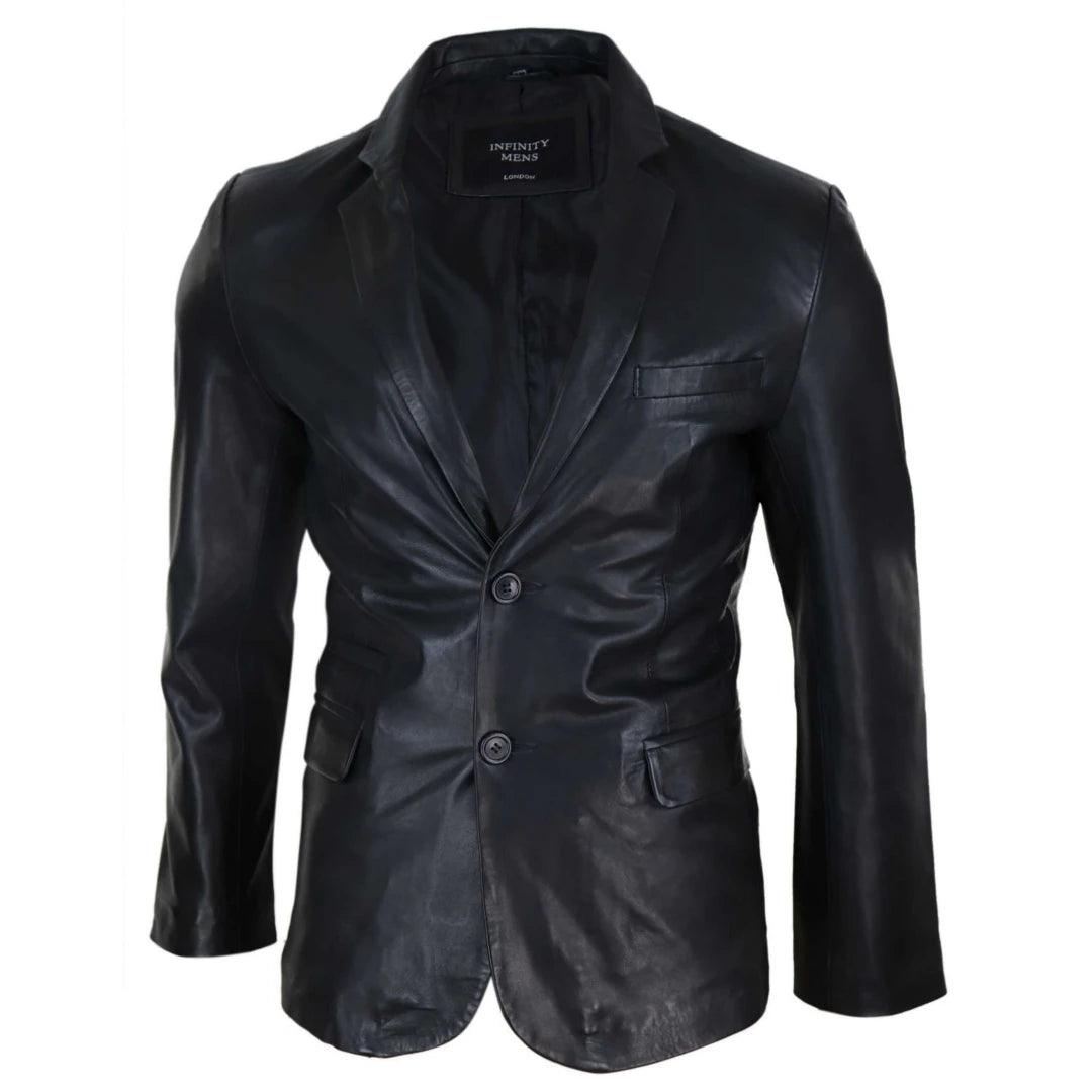 Mens Slim Fit Classic Genuine Leather 2 Button Blazer Jacket Vintage - Knighthood Store