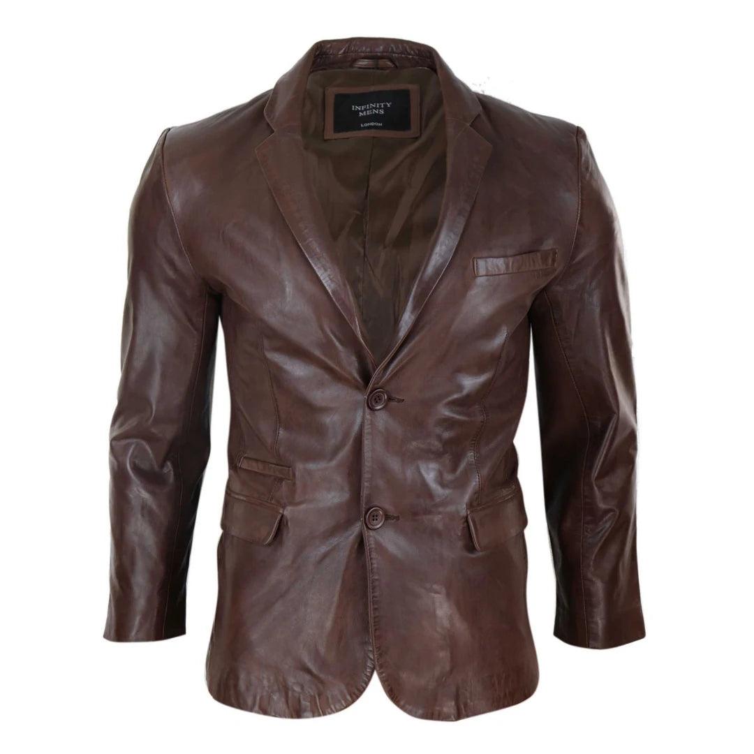 Mens Slim Fit Classic Genuine Leather 2 Button Blazer Jacket Vintage - Knighthood Store