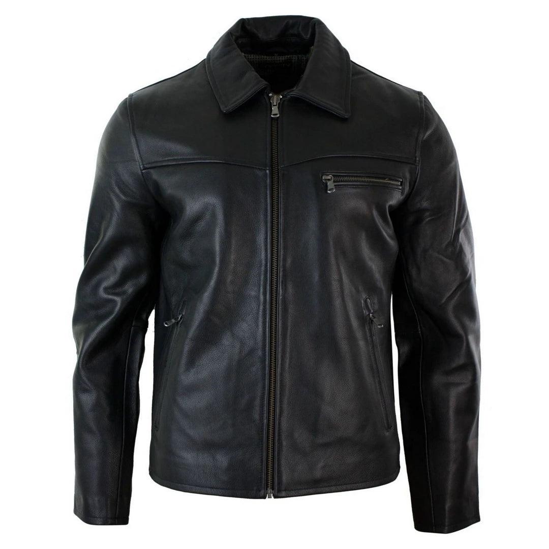 Mens Classic Real Leather Soft Hide Zipped Collar Box Jacket Smart Casual Fit - Knighthood Store