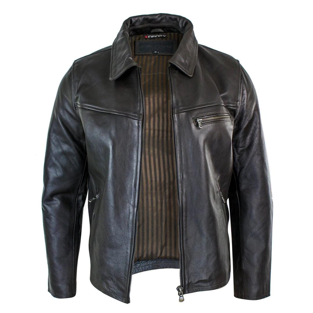 Mens Classic Real Leather Soft Hide Zipped Collar Box Jacket Smart Casual Fit - Knighthood Store