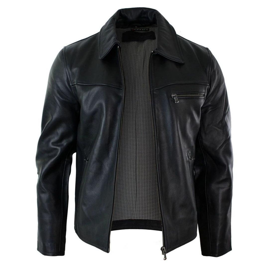 Mens Classic Real Leather Soft Hide Zipped Collar Box Jacket Smart Casual Fit - Knighthood Store