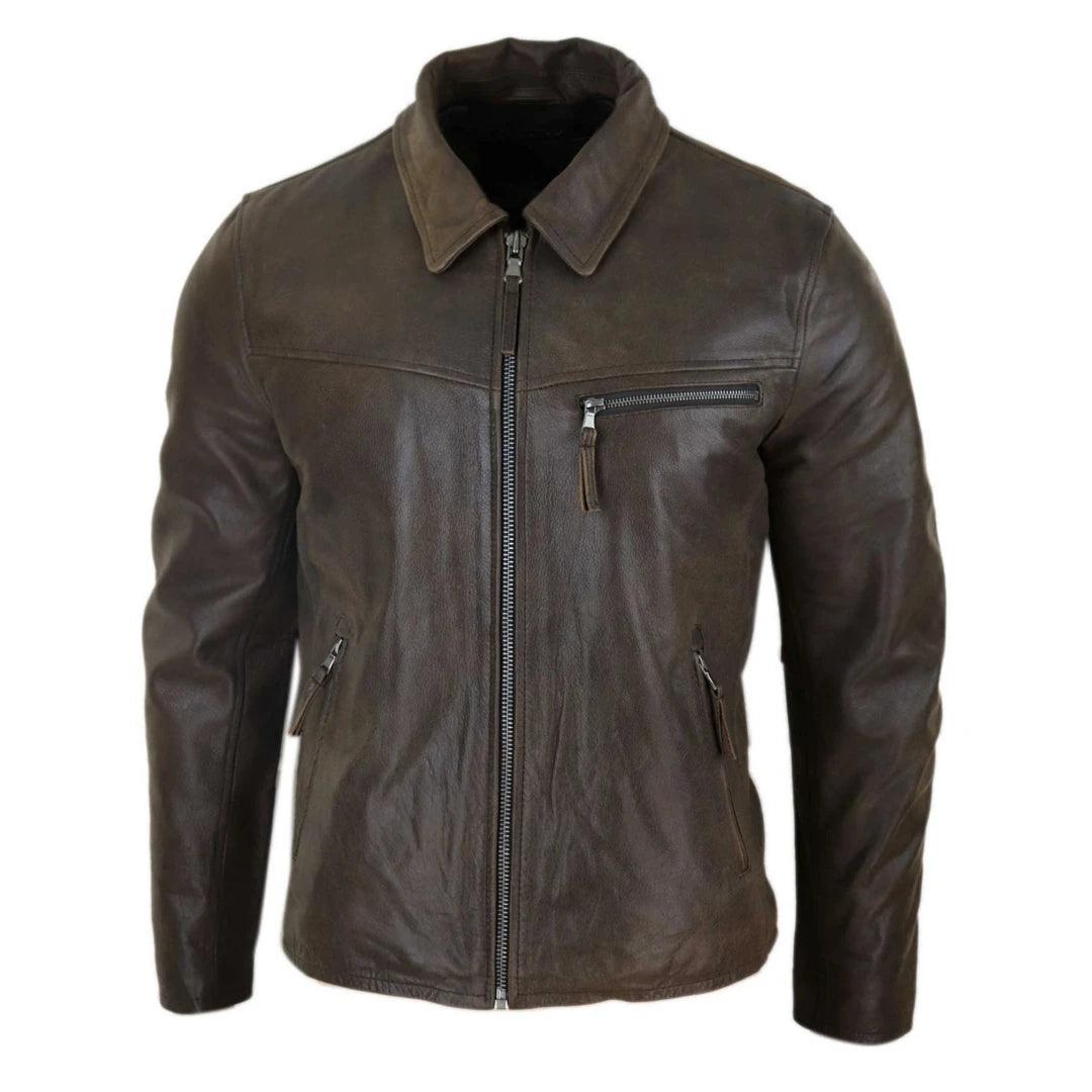 Mens Classic Real Leather Soft Hide Zipped Collar Box Jacket Smart Casual Fit - Knighthood Store