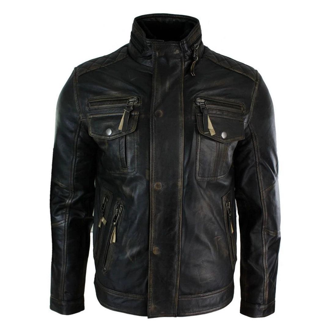 Mens Distressed Ruboff Black Brown Vintage Retro Military Leather Jacket Casual - Knighthood Store